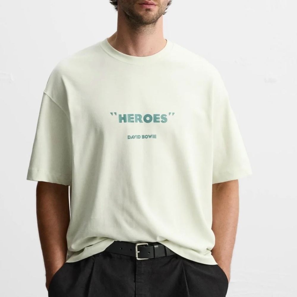 ZARA Bowie, Heroes limited edition crew neck licensed T-shirt NWT, light green